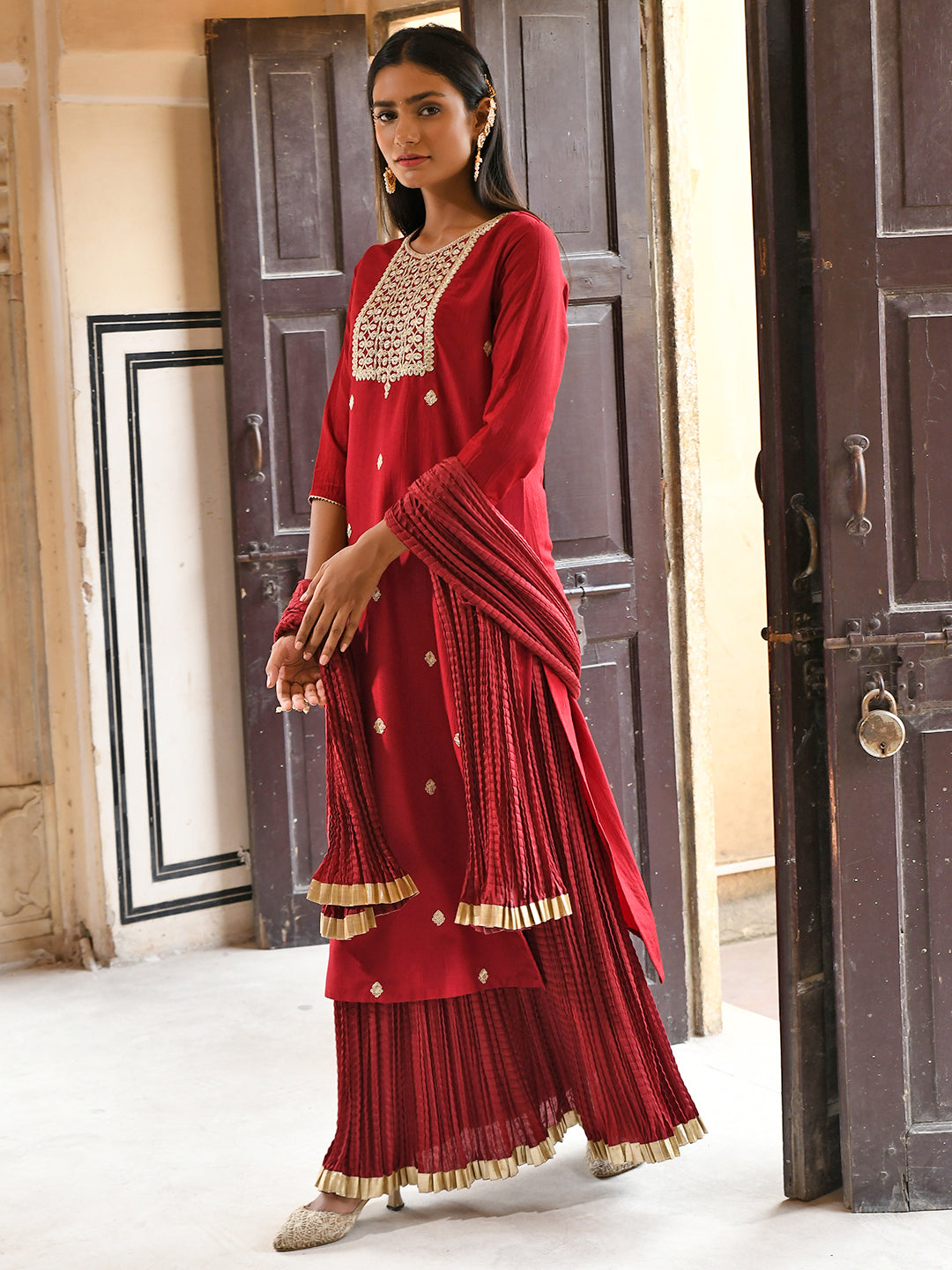 Janasya Women's Maroon Chinon Embroidered Kurta With Skirt And Dupatta - Distacart