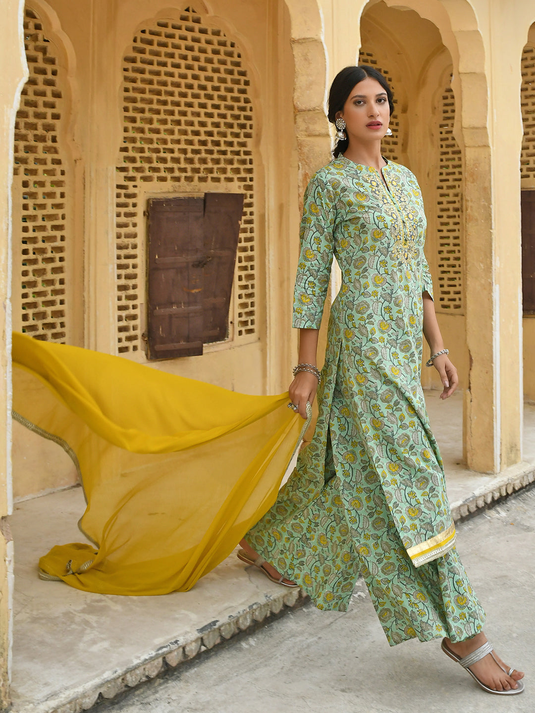 Janasya Women's Light Green Cotton Floral Print Kurta With Flared Palazzo And Dupatta - Distacart