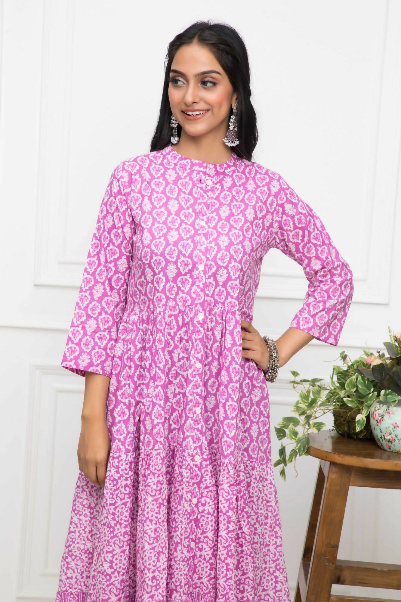 Myshka Women Pink Floral Cotton A-Line Mandarin Collar Long Dress - Distacart