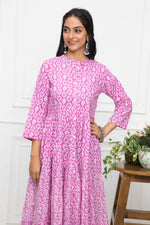 Thumbnail for Myshka Women Pink Floral Cotton A-Line Mandarin Collar Long Dress - Distacart