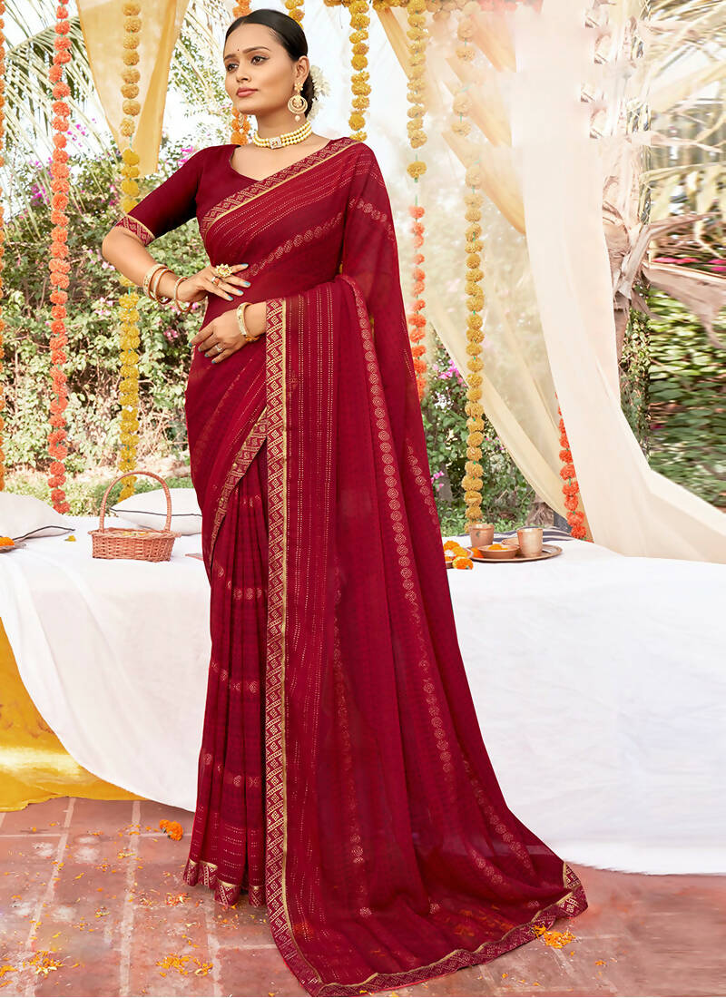 Maroon Georgette Foil Printed Saree with Unstitched Blouse Piece - Avika - Distacart