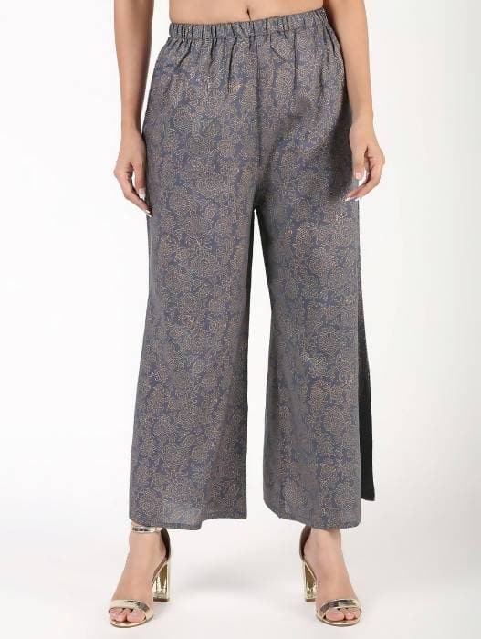 Aniyah Rayon Gold Print Flared Grey Palazzo (AN-155K)