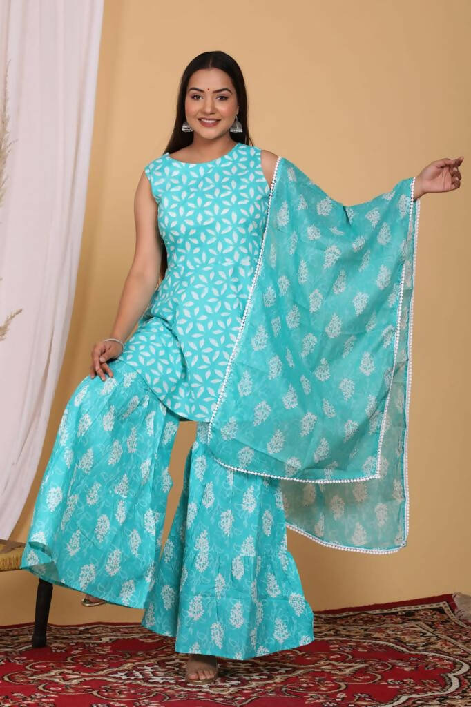 Vamika Women Printed Cotton Sky Blue Party Wear/Casual Wear Kurta Set/Suit - Distacart