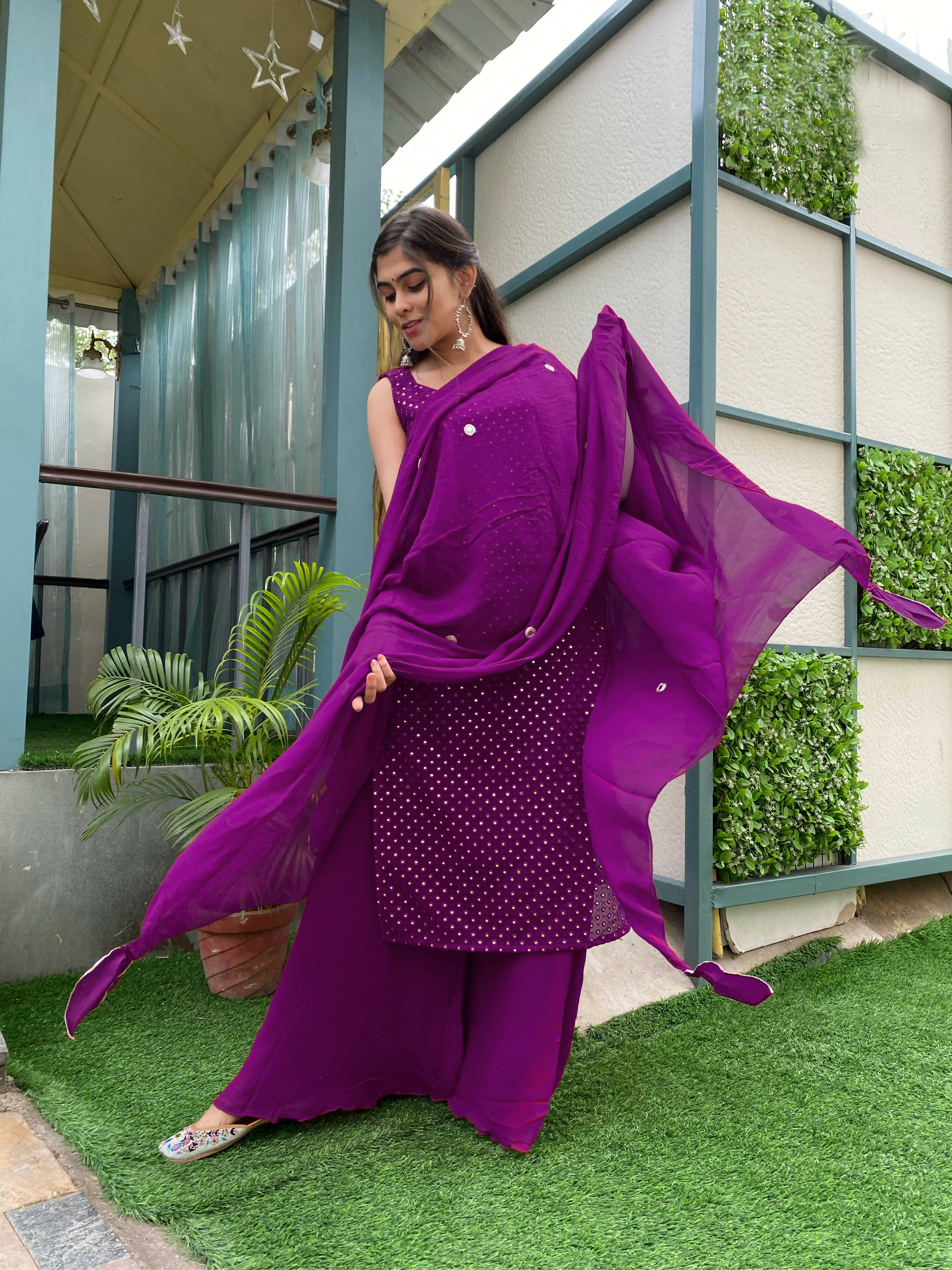 Partywear Designer Purple Georgette Palazzo Suit - Anbazaar - Distacart