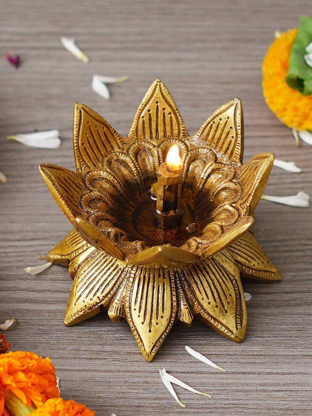 eCraftIndia Gold Toned Lotus Flower Designer Brass Diya - Distacart