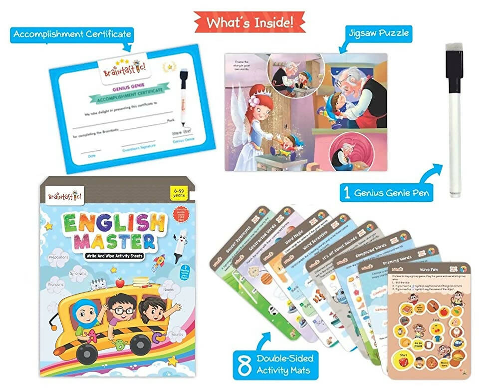 Braintastic Educational Game: English Master (6-99 Years) / Write & Wipe Reusable Activity Sheets/Kids Toy/ Free Puzzle - Distacart