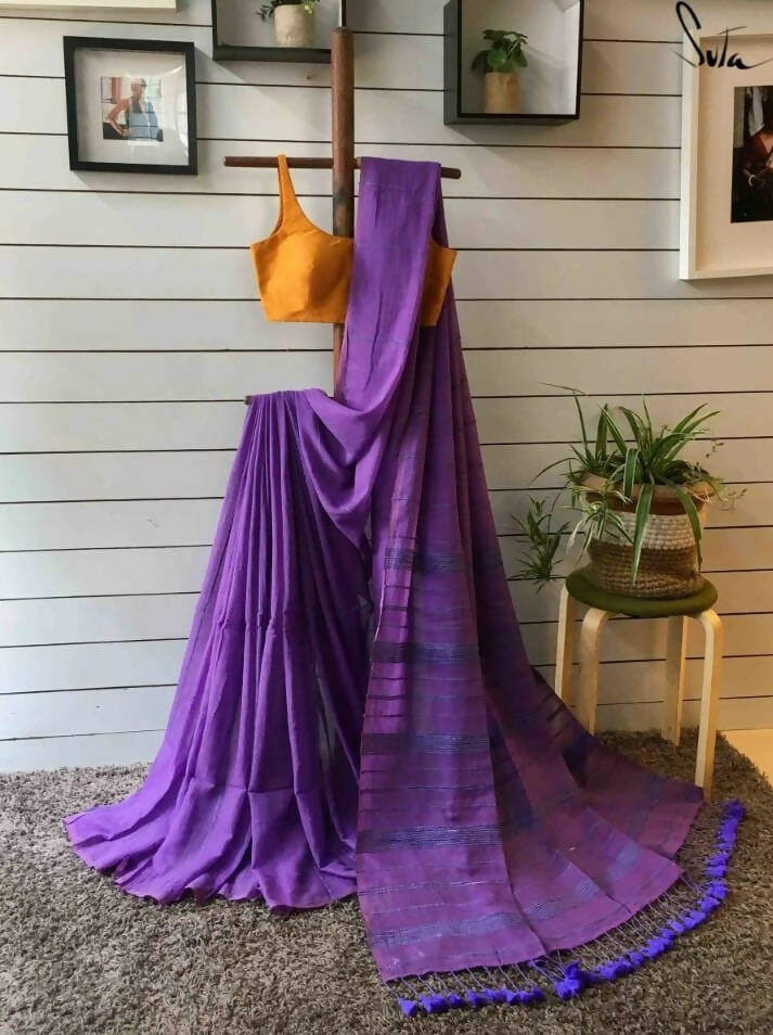 Exclusive Collection Khadi Cotton Handloom Khesh Saree With Blouse Piece - Violet - Distacart