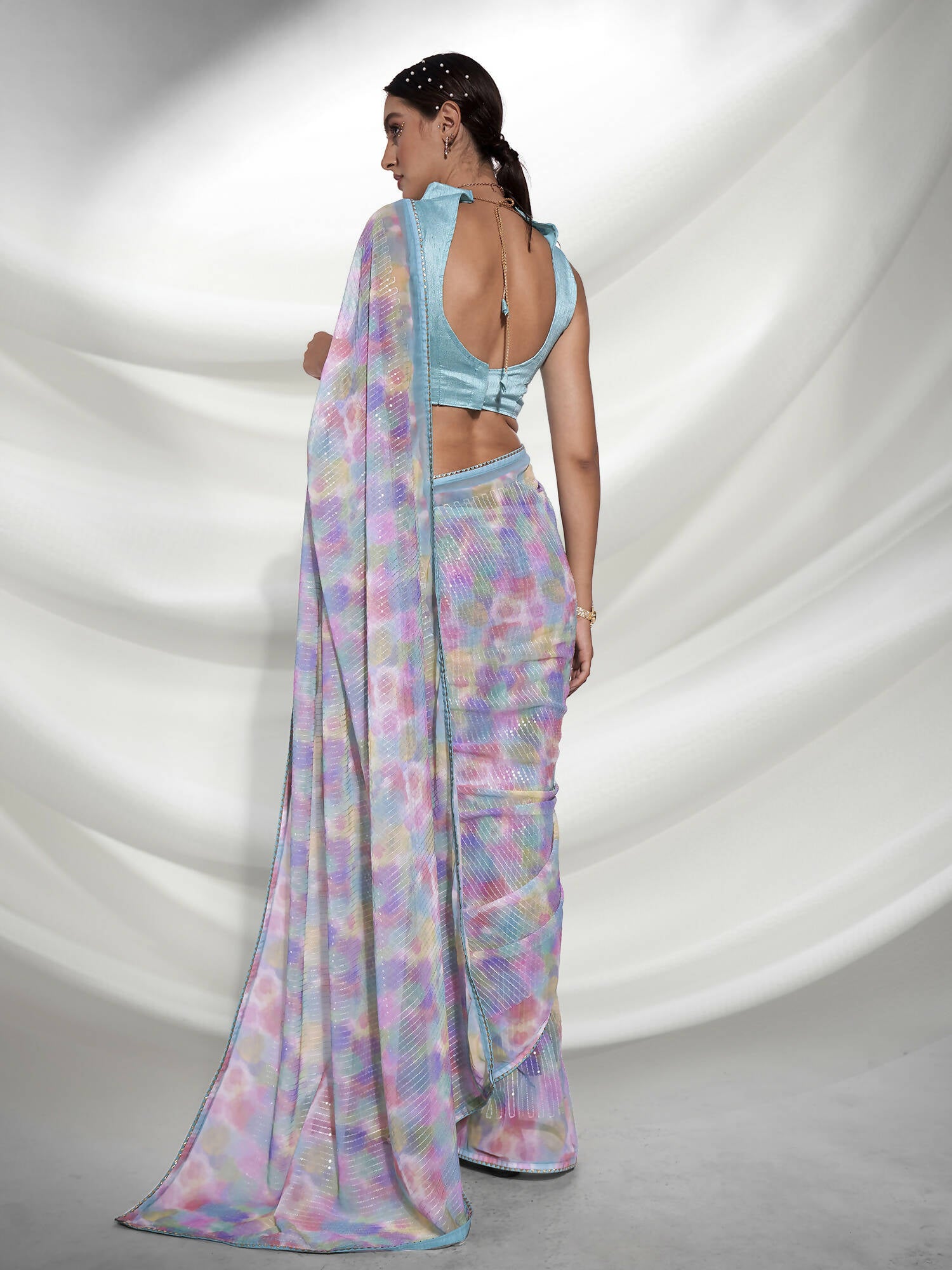 Blue Georgette Sequence Embroidery Saree With Unstitched Blouse Piece - Rajal - Distacart