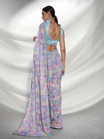 Blue Georgette Sequence Embroidery Saree With Unstitched Blouse Piece - Rajal - Distacart