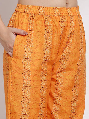 Myshka Women's Orange Cotton Printed 3/4 Sleeve Round Neck Casual Kurta Pant Dupatta Set
