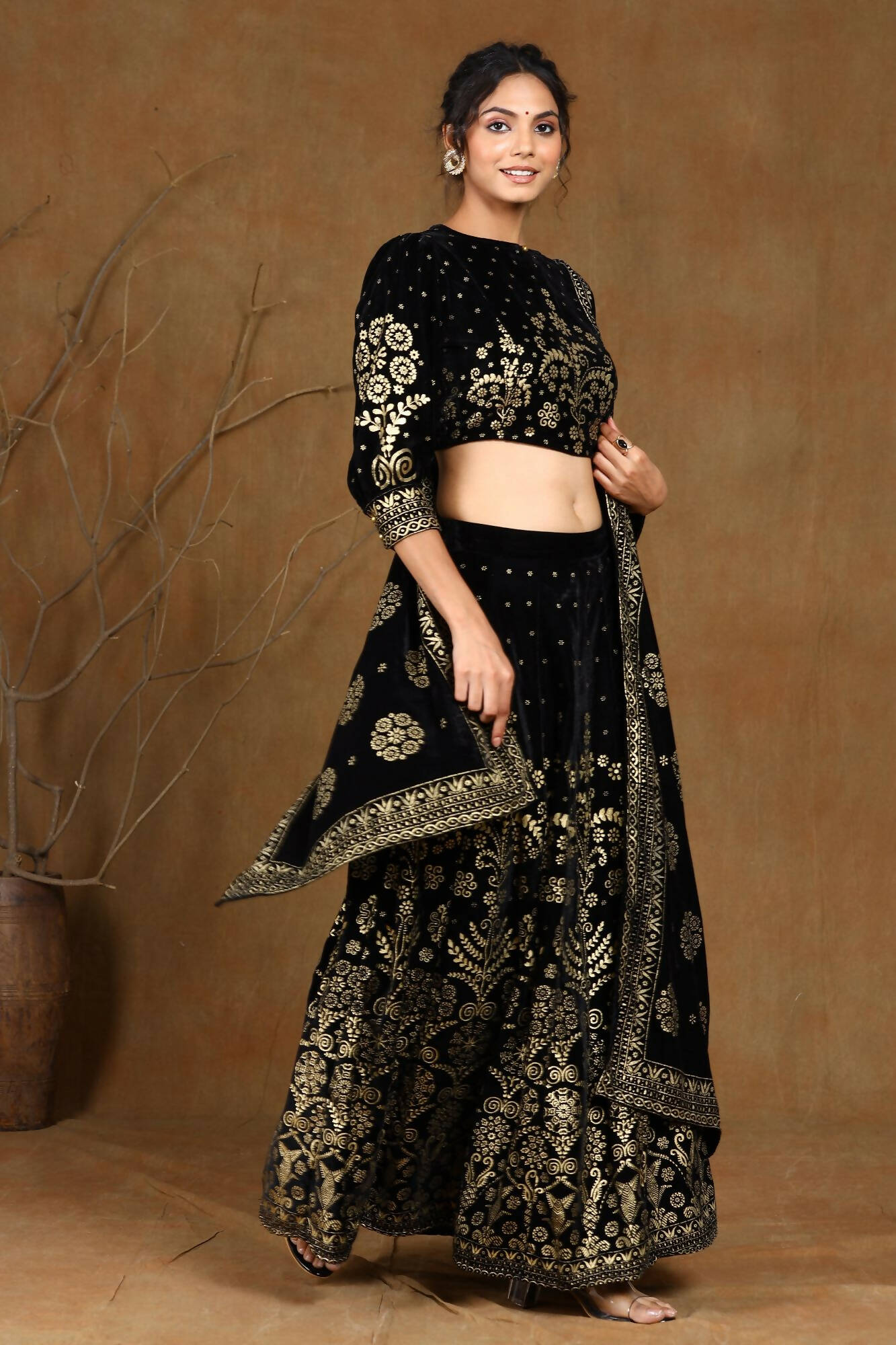 Juniper Women Black Velvet Printed Flared Lehenga Choli Sets - Distacart