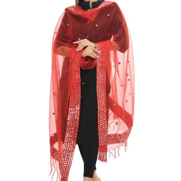 Mominos Fashion Moeza 6 Line Mirror Border Red Dupatta - Distacart