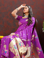 Thumbnail for Lorenvalley Fashion Wine Soft Paithani Silk Woven Design Gold Zari Meenakari Weaving Saree - Distacart