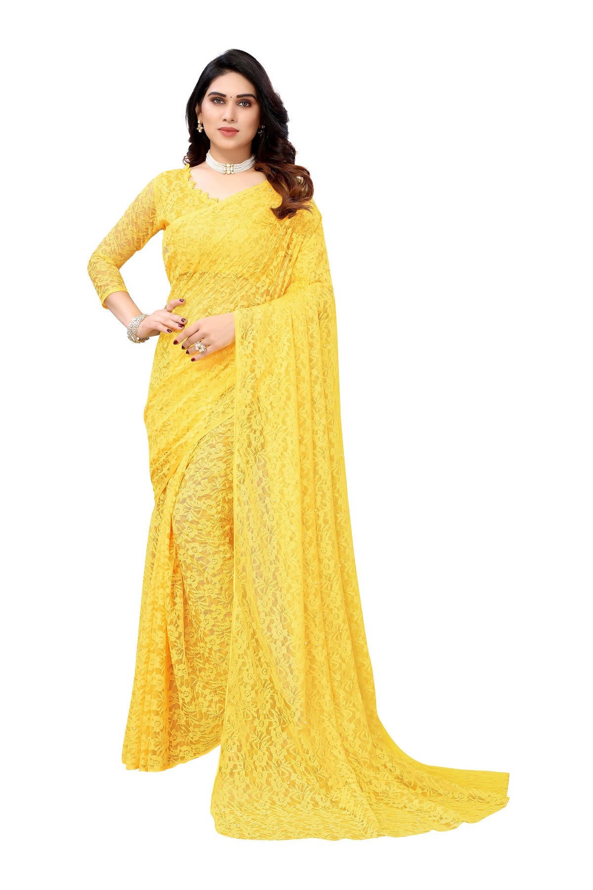 Vamika Ethnic Fire Yellow Pearls Net Saree - Distacart