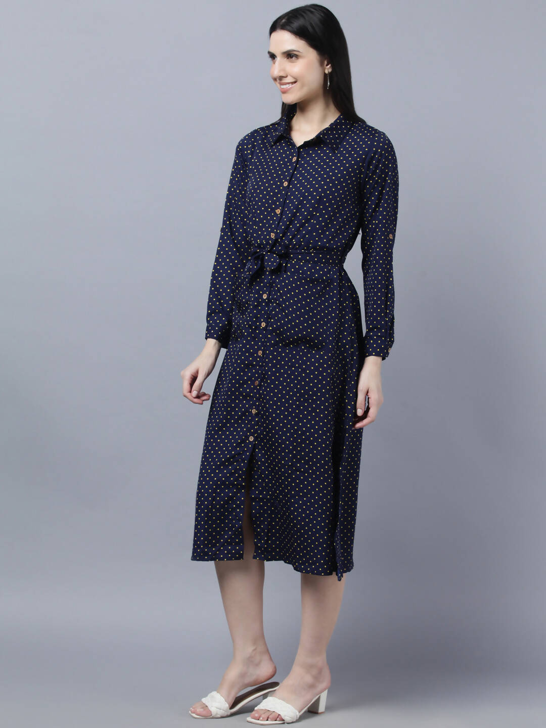 Myshka Women Navy Blue Yellow Printed Shirt Dress - Distacart