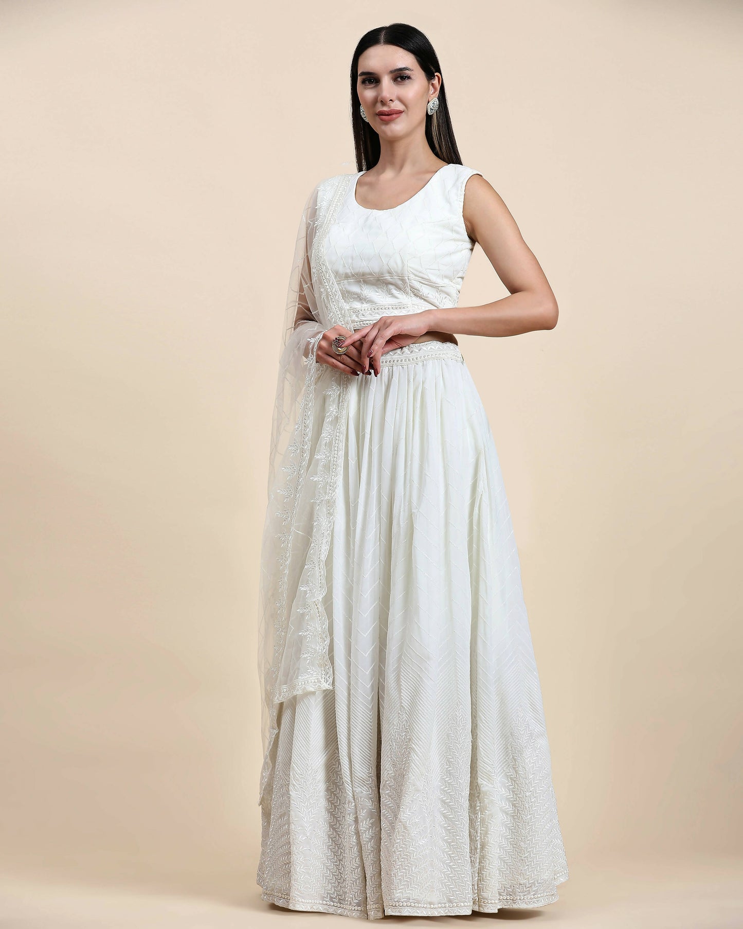 White Pure Viscose Georgette Sequence Embroidery work Lehenga Choli with Dupatta - Aakriti - Distacart