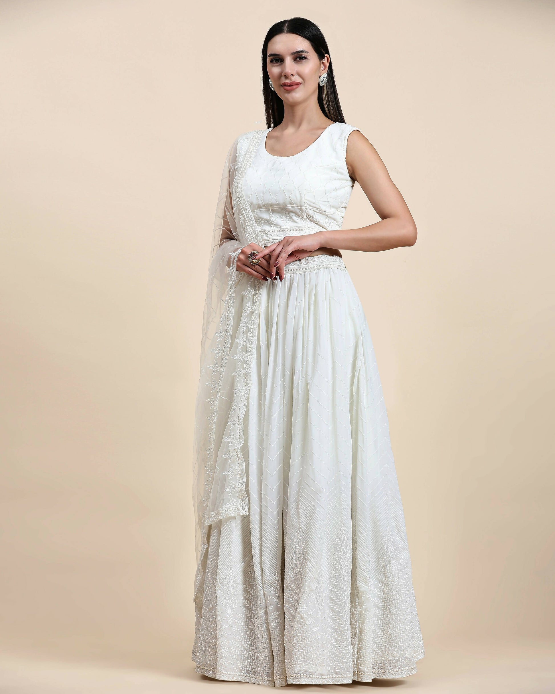 White Pure Viscose Georgette Sequence Embroidery work Lehenga Choli with Dupatta - Aakriti - Distacart