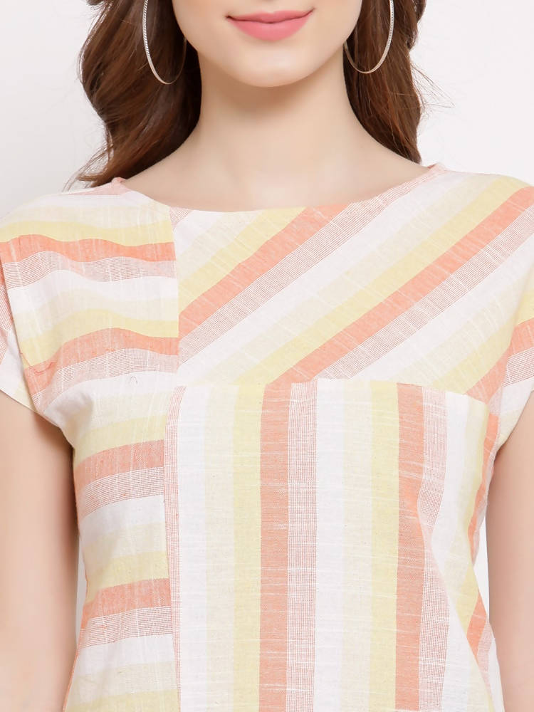 Myshka Women's Yellow Cotton Short Sleeve Round Neck Printed Casual Top