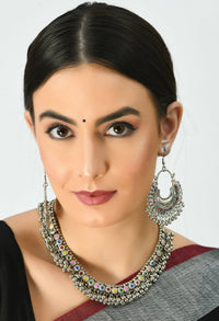 Thumbnail for Mominos Fashion Johar Kamal Oxidised Silver-Plated Meena Work Choker Set - Distacart