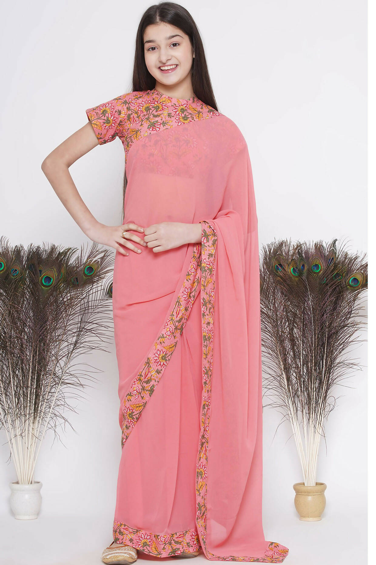 Little Bansi Floral Print Ready To Wear Saree And Floral Blouse - Coral - Distacart