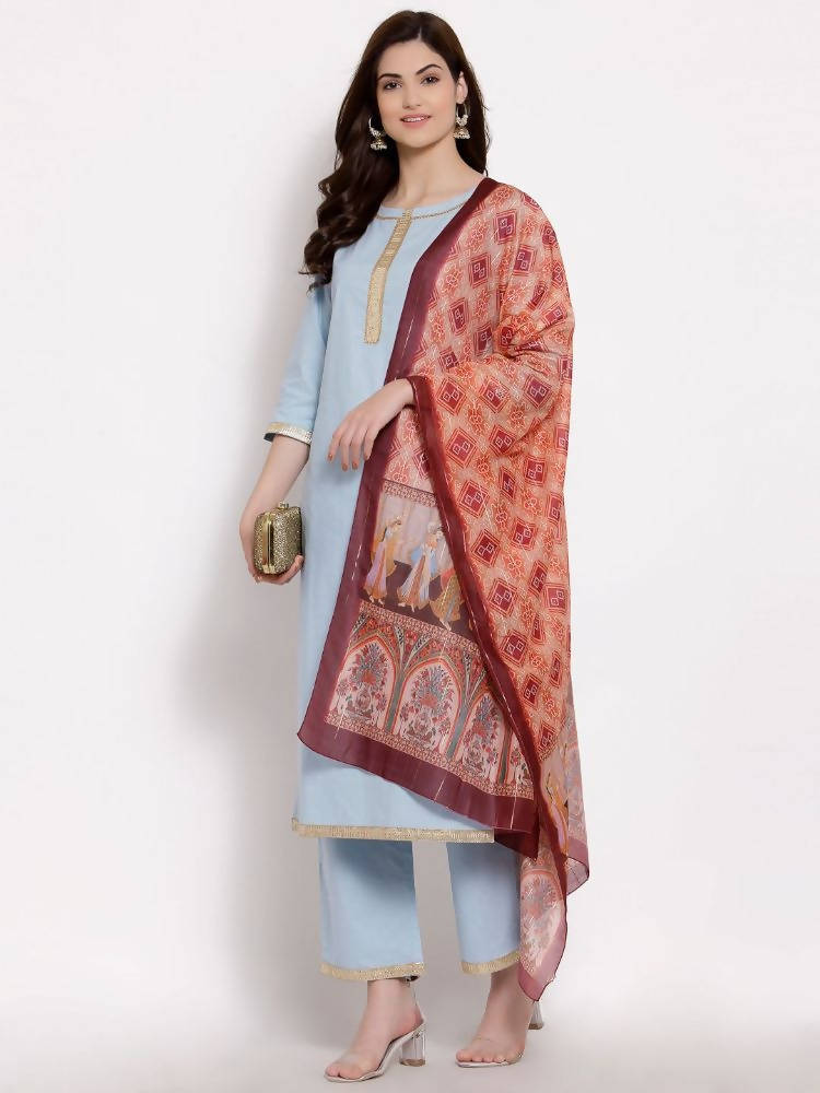 Myshka Women's Blue Cotton 3/4 Sleeve Round Neck Solid Casual Kurta Pant Dupatta Set