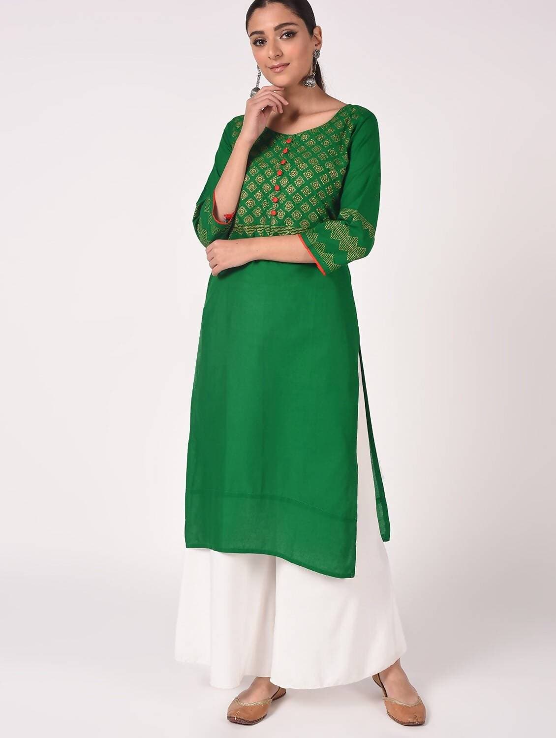 Cheera Hand Block Print Bottle Green & White Straight Kurta With Palazzo (MAAI-093K)