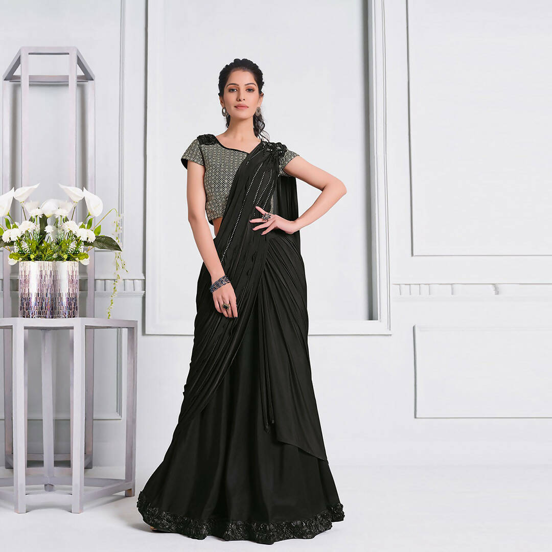 Black Lycra Cord And Sequins Embriodery Saree - Mohmanthan Izzara - Distacart