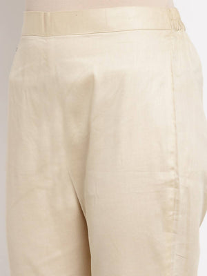 Myshka Beautiful Women's Cream Cotton Solid Casual Trouser