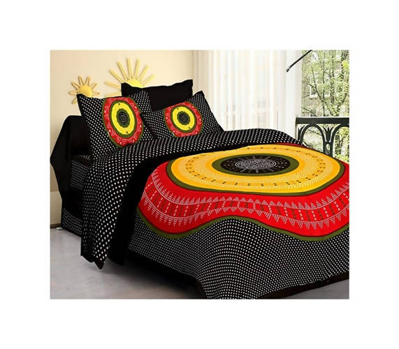 Vamika Printed Cotton Black Color & Multicolor Bedsheet With Pillow Covers (LEOC_BANDJ_BL) - Distacart