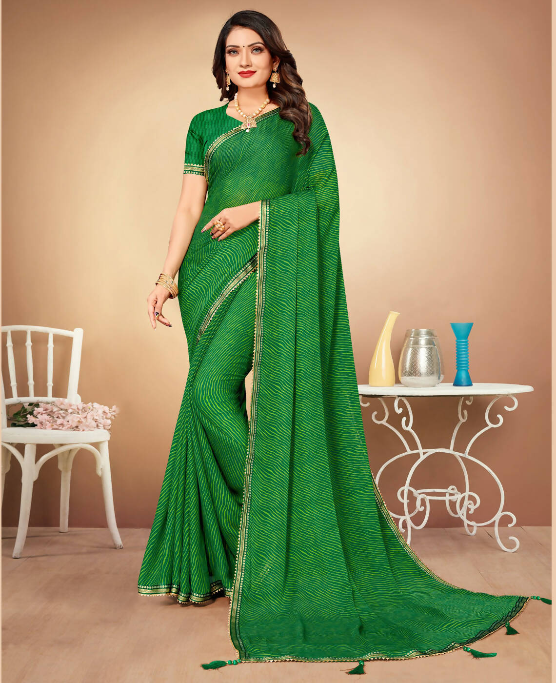 Green Chiffon Leheriya Printed Saree With Unstitched Blouse Piece - Swarna - Distacart