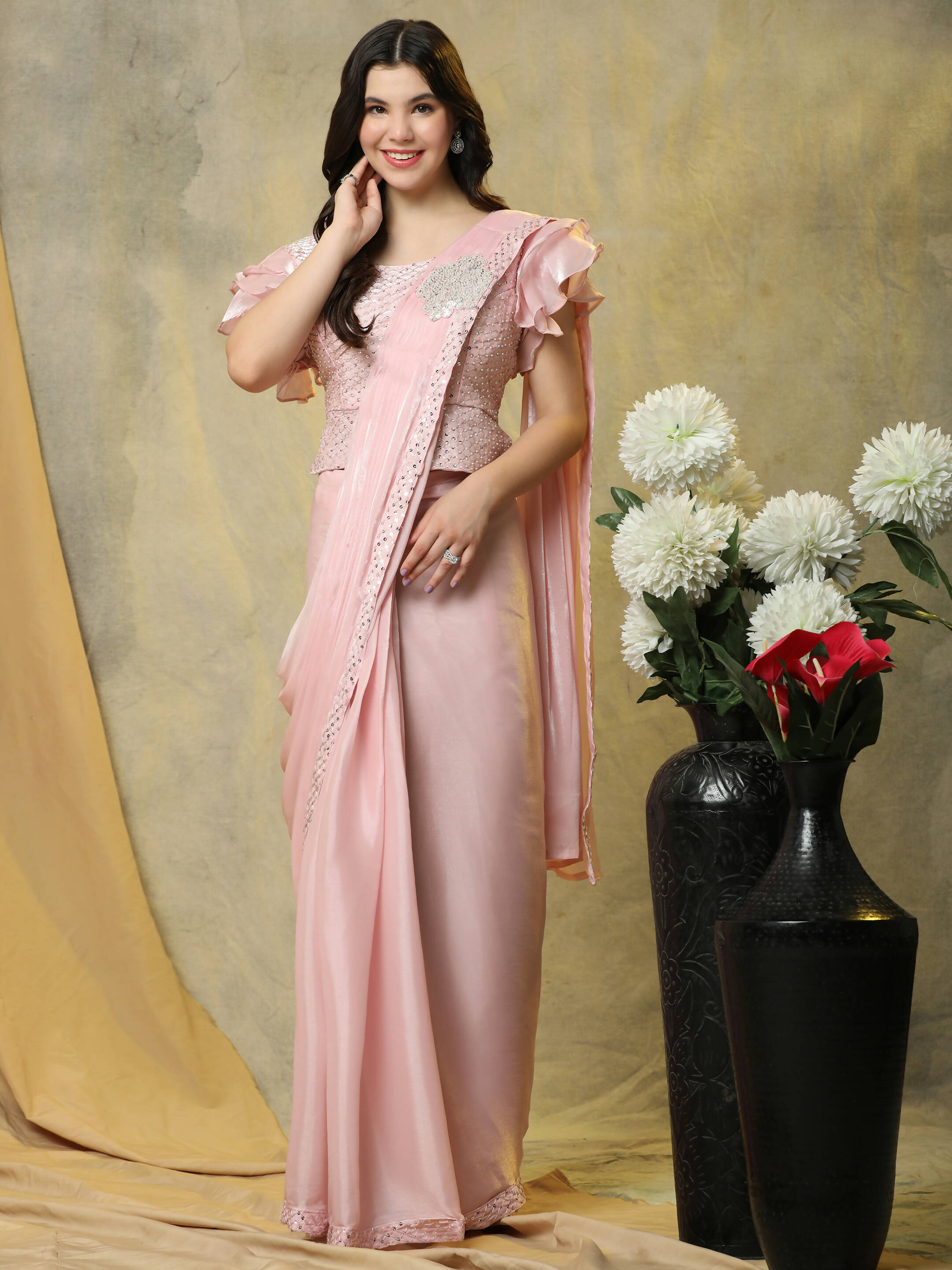 Pink Silk Satin Sequence Work Ready to Wear Saree with stitched Blouse - Nirvana - Distacart