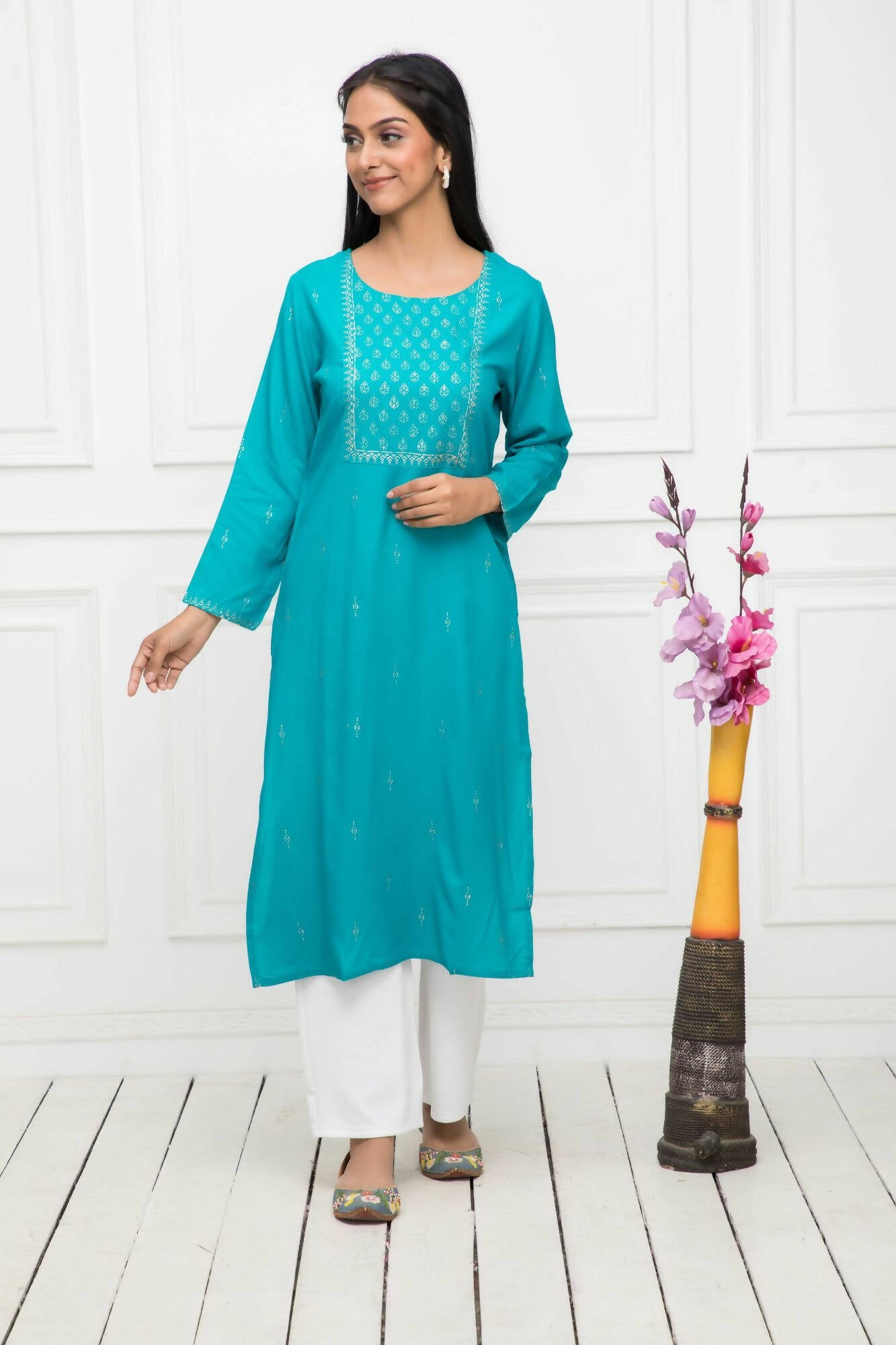 Myshka Women Blue Solid Rayon Straight Round Neck Kurtas - Distacart