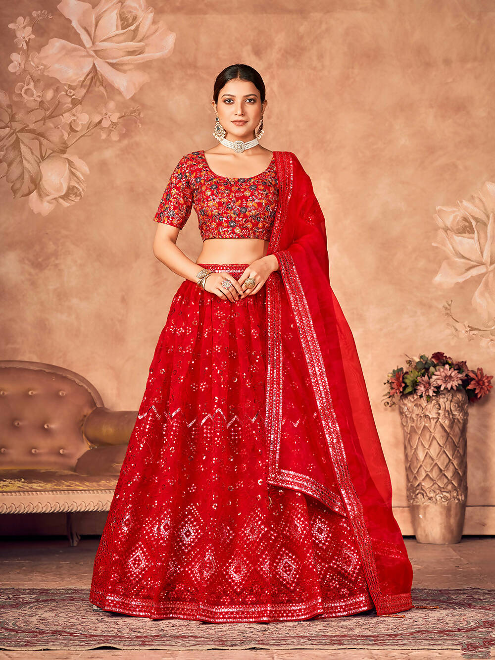 Wedding Designer Red Organzalehengha Choli - Anbazaar - Distacart
