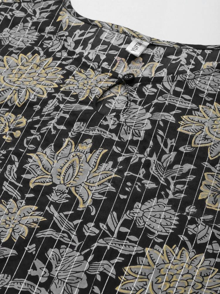 Yufta Women Black Floral Pure Cotton Kurta with Trouser & With Dupatta