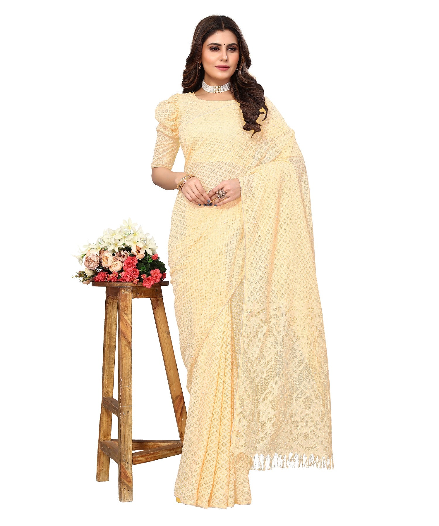 Vamika Net Brasso Cream Light Weight Trendy Look Bollywood Style Saree - Distacart