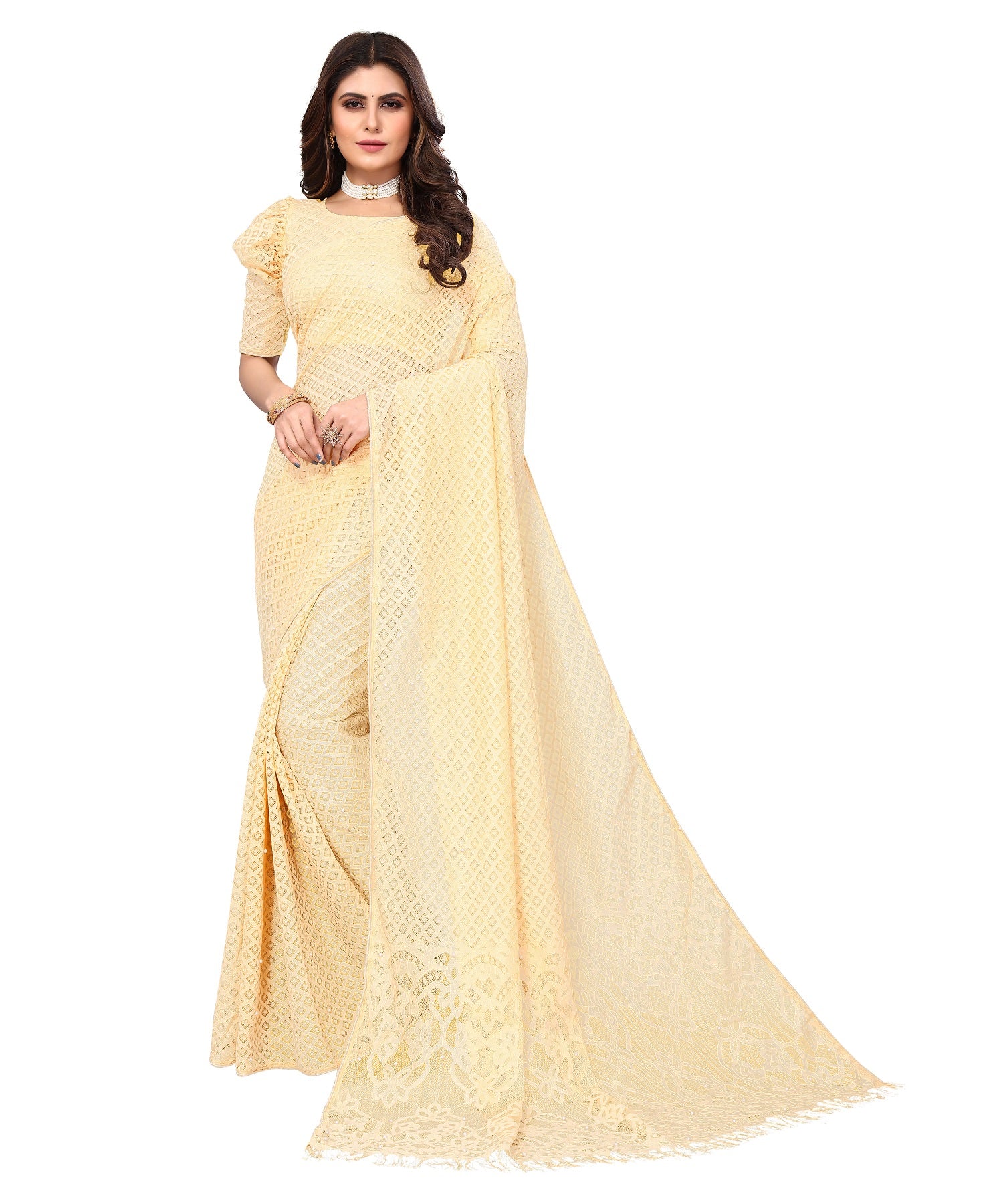 Vamika Net Brasso Cream Light Weight Trendy Look Bollywood Style Saree - Distacart