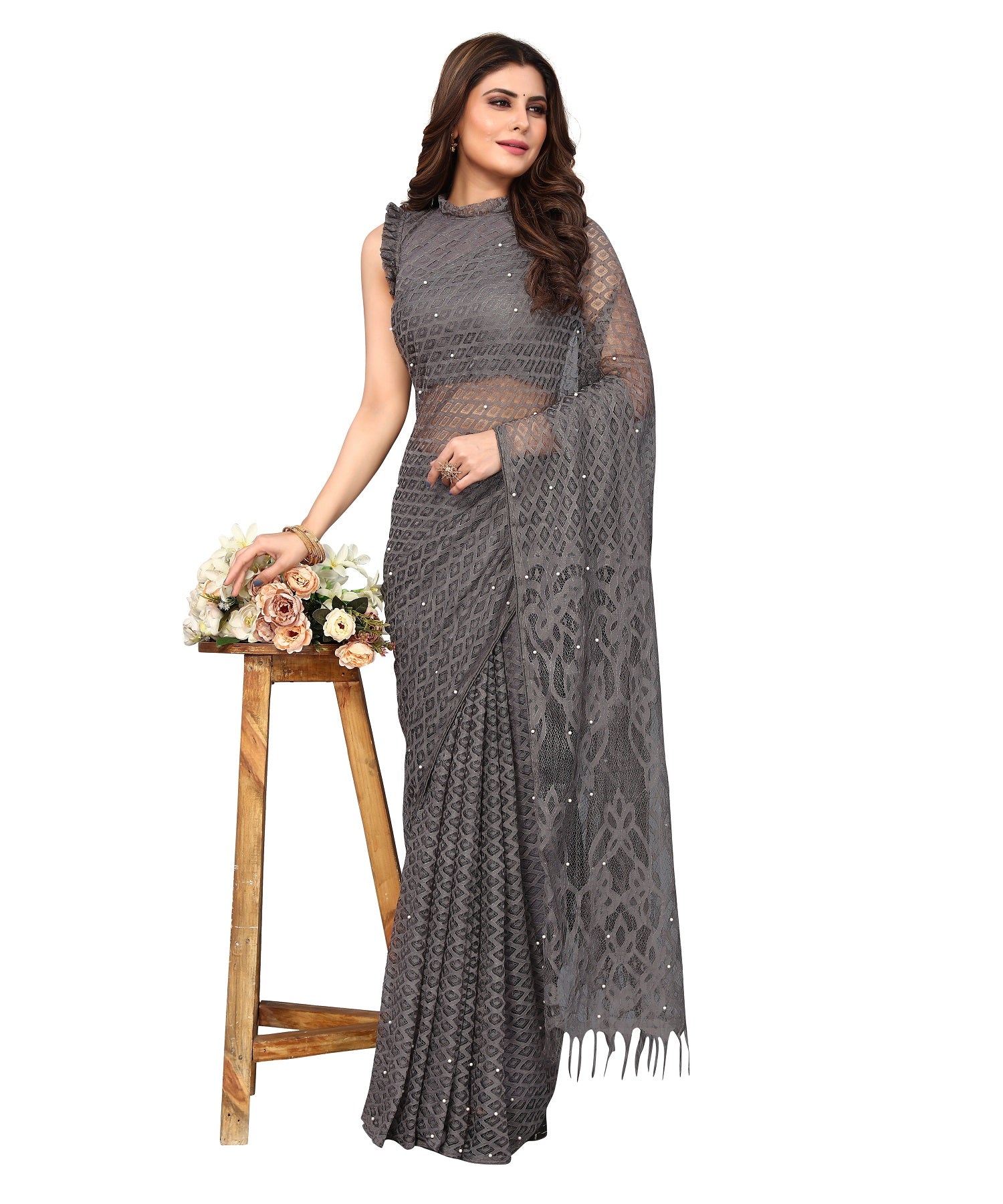 Vamika Net Brasso Grey Light Weight Trendy Look Bollywood Style Saree - Distacart