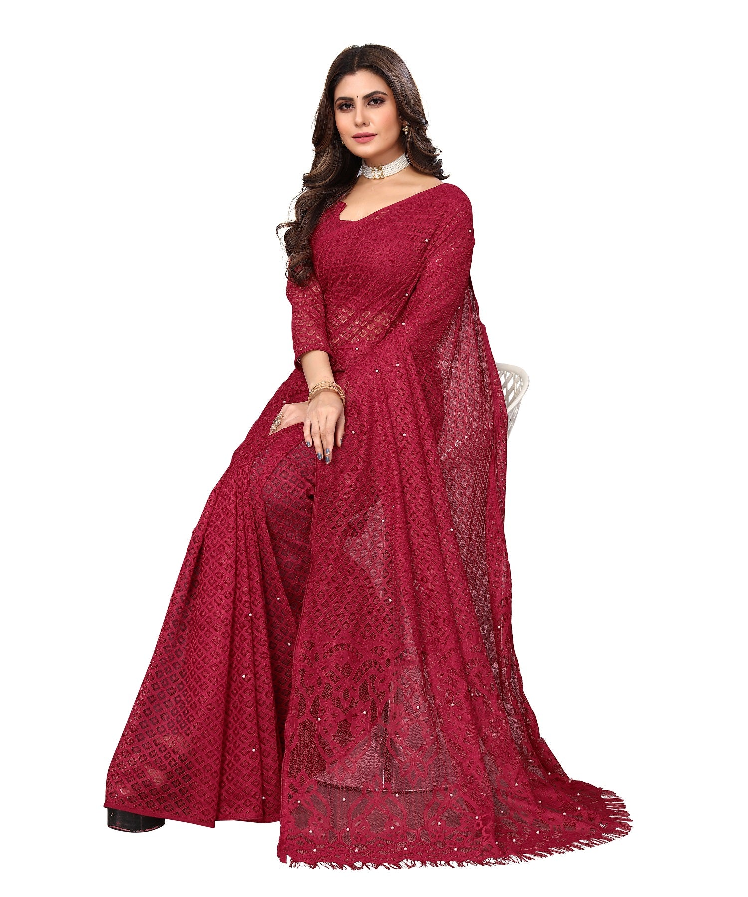 Vamika Net Brasso Maroon Light Weight Trendy Look Bollywood Style Saree - Distacart