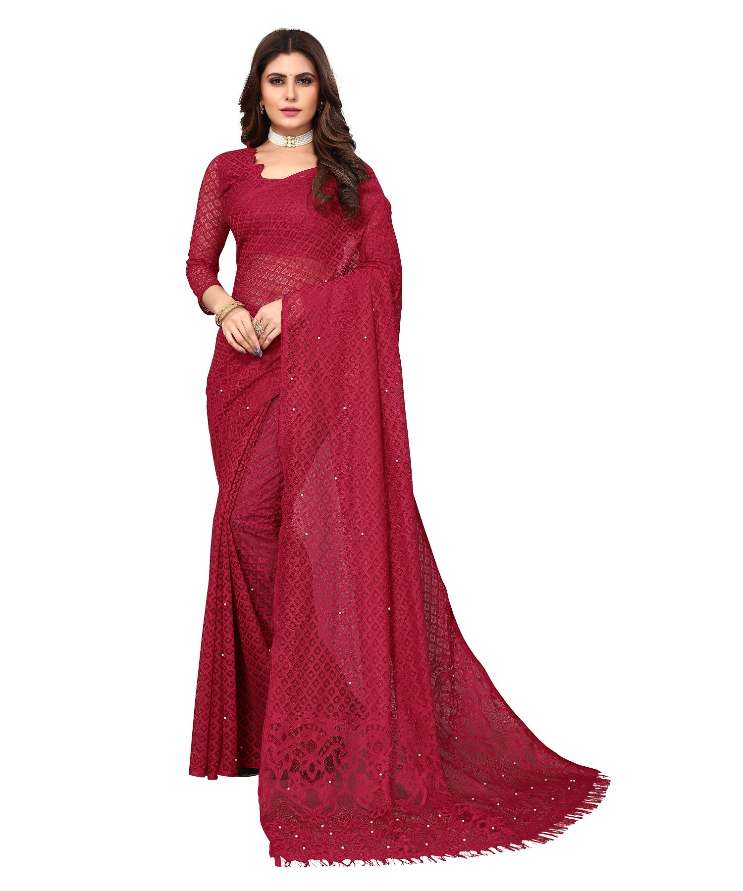 Vamika Net Brasso Maroon Light Weight Trendy Look Bollywood Style Saree - Distacart