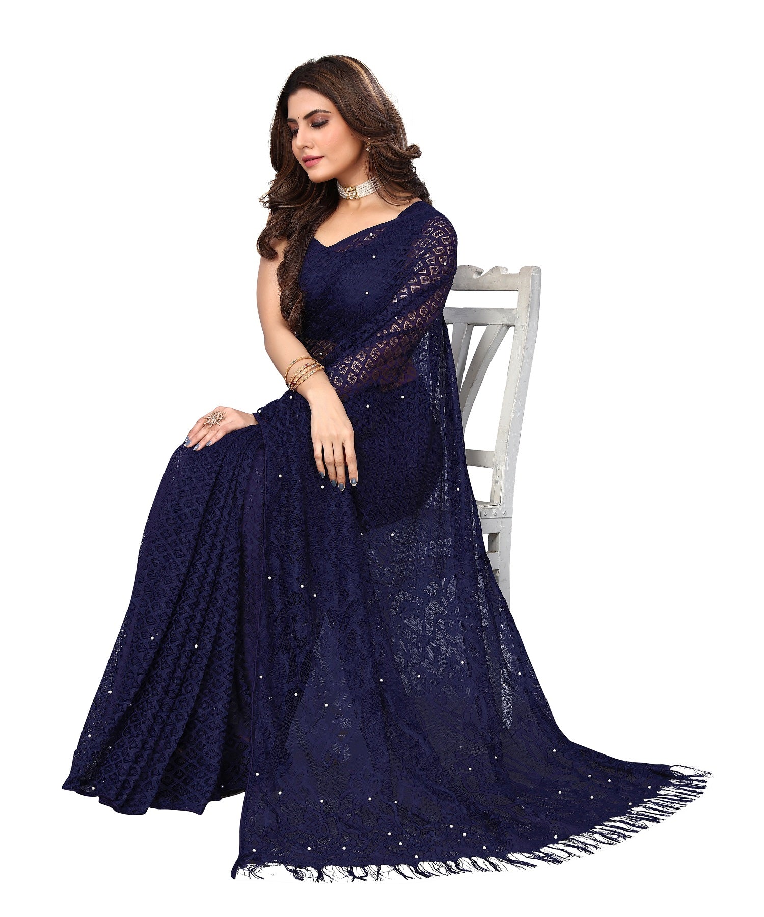 Vamika Net Brasso Navy Light Weight Trendy Look Bollywood Style Saree - Distacart