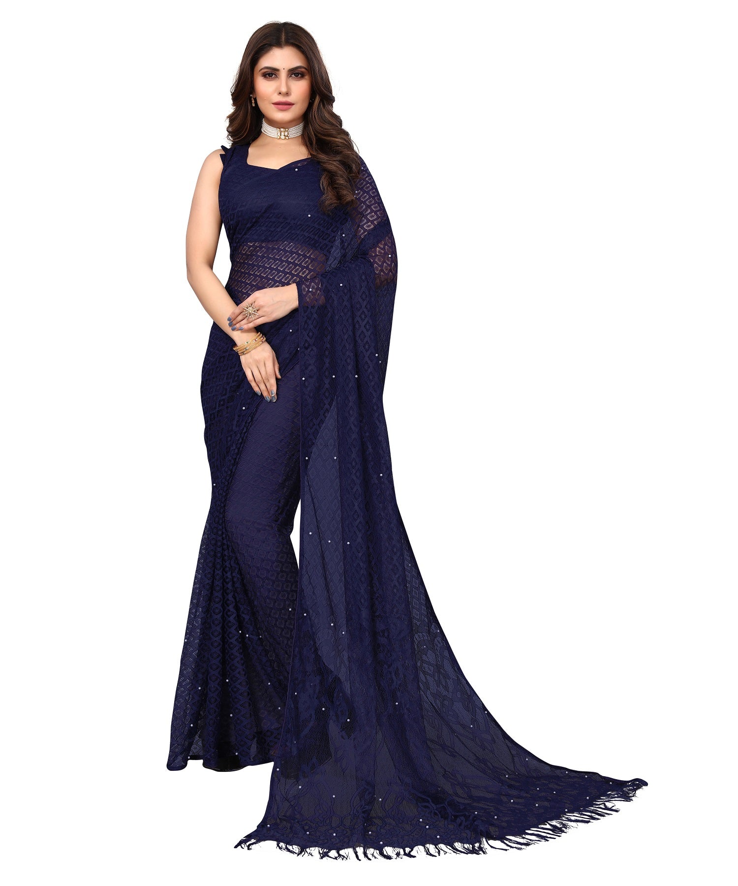Vamika Net Brasso Navy Light Weight Trendy Look Bollywood Style Saree - Distacart