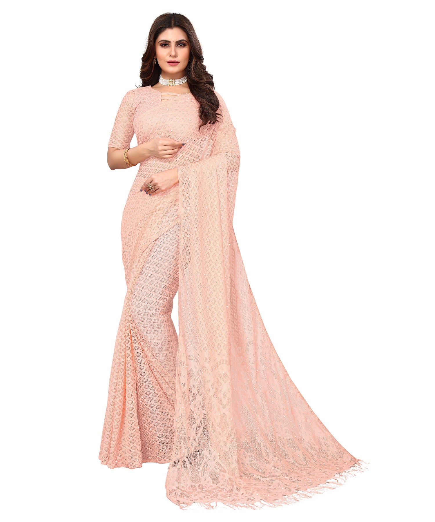 Vamika Net Brasso Peach Light Weight Trendy Look Bollywood Style Saree - Distacart