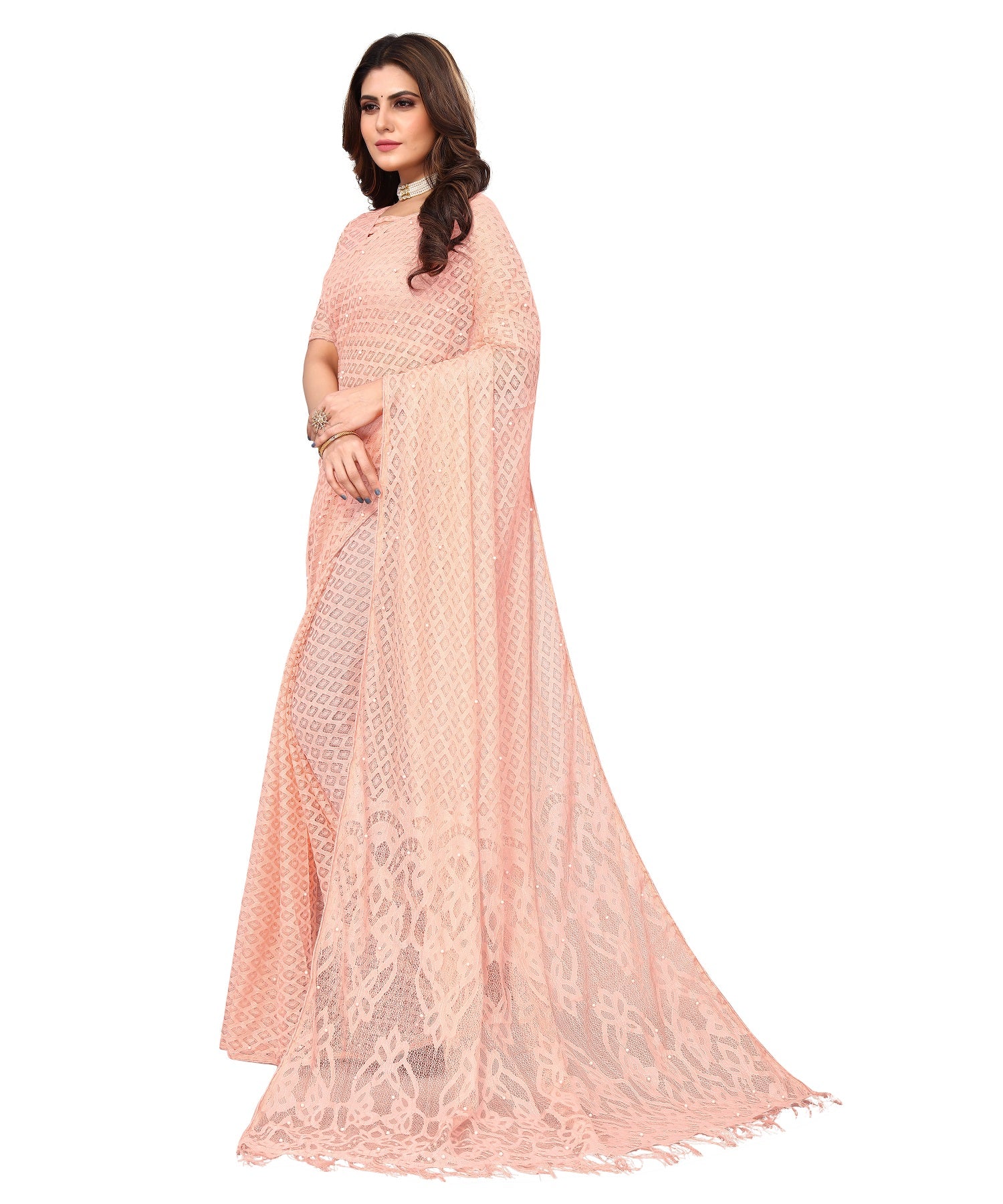 Vamika Net Brasso Peach Light Weight Trendy Look Bollywood Style Saree - Distacart