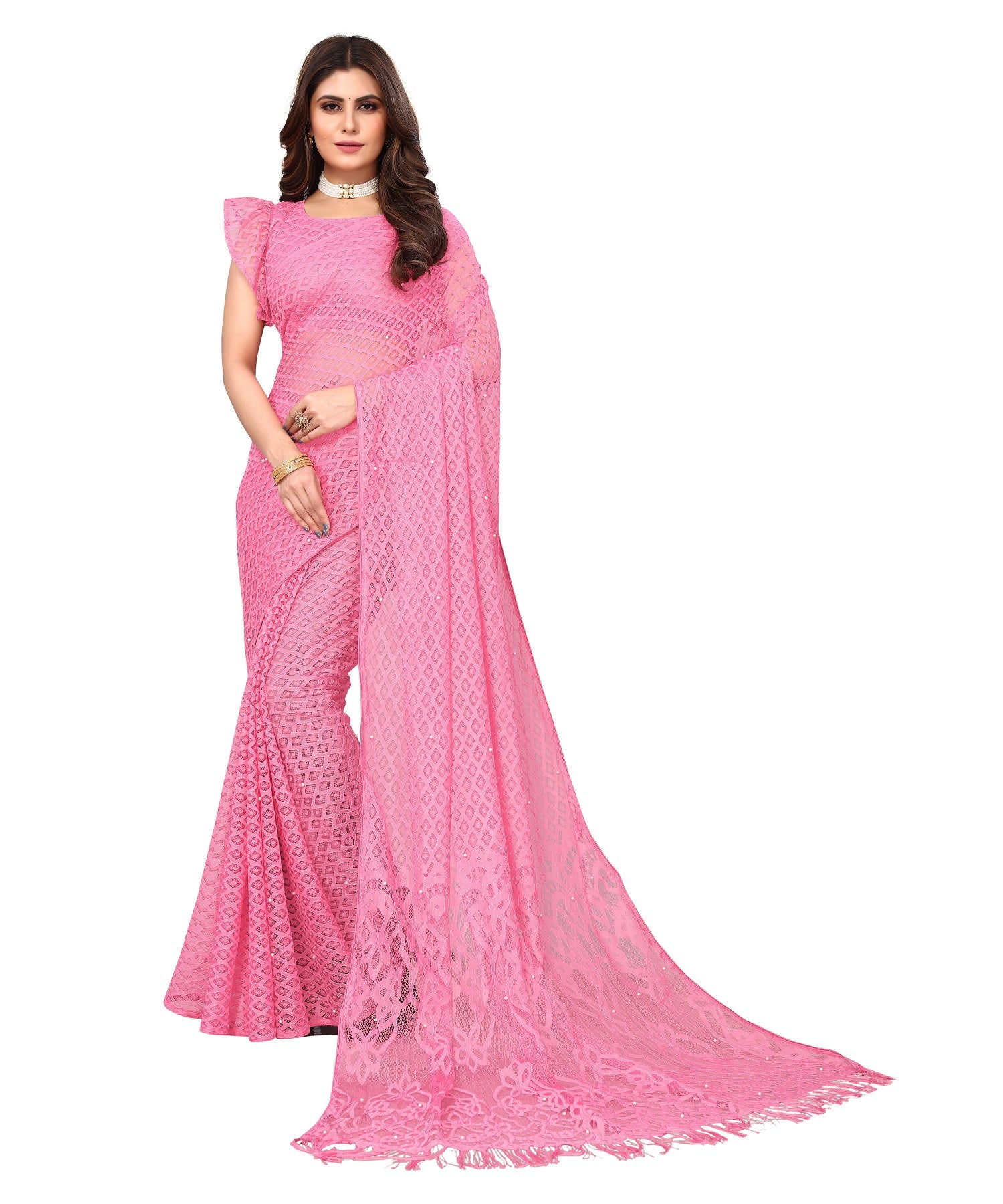 Vamika Net Brasso Pink Light Weight Trendy Look Bollywood Style Saree - Distacart