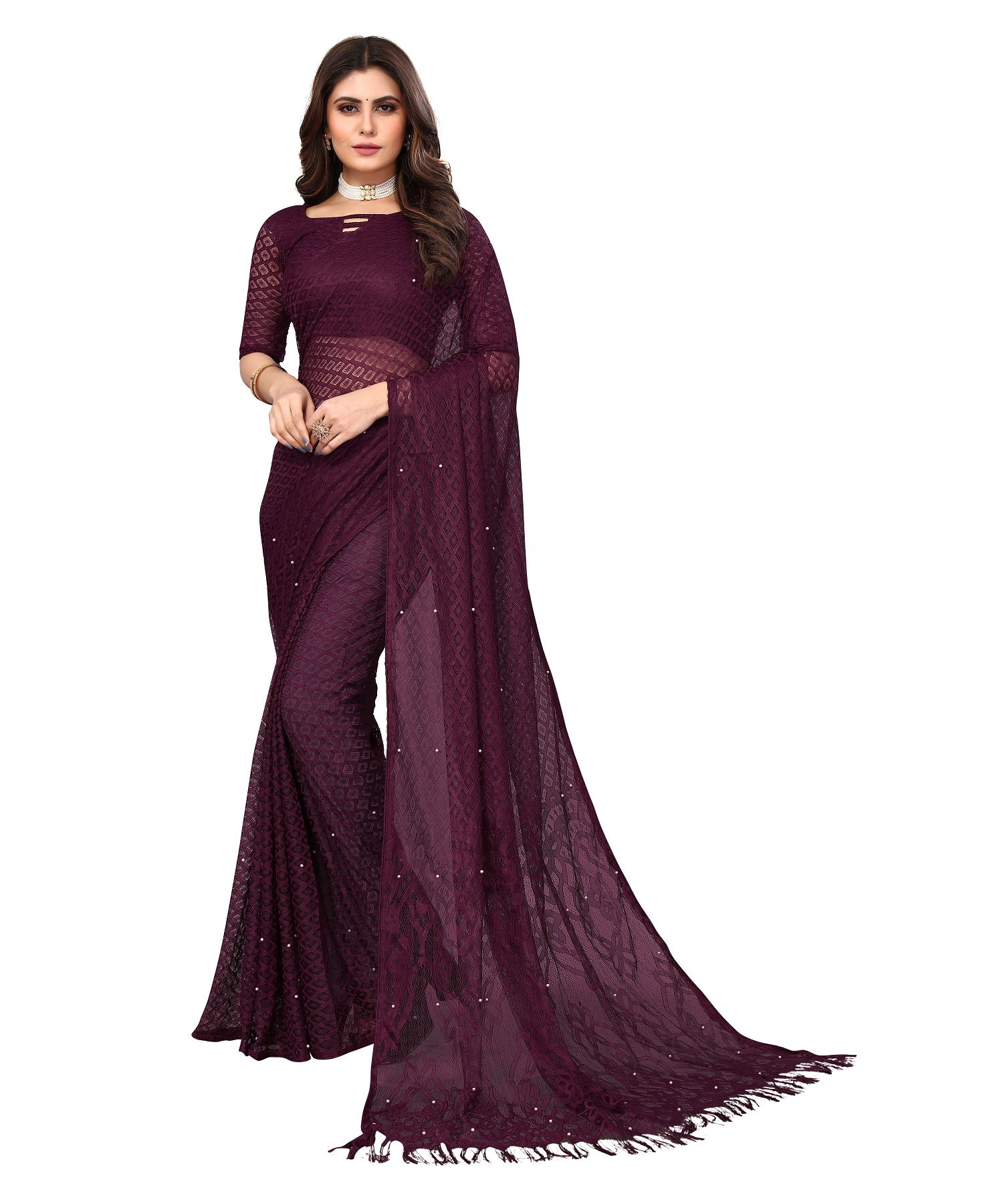 Vamika Net Brasso Purple Light Weight Trendy Look Bollywood Style Saree - Distacart