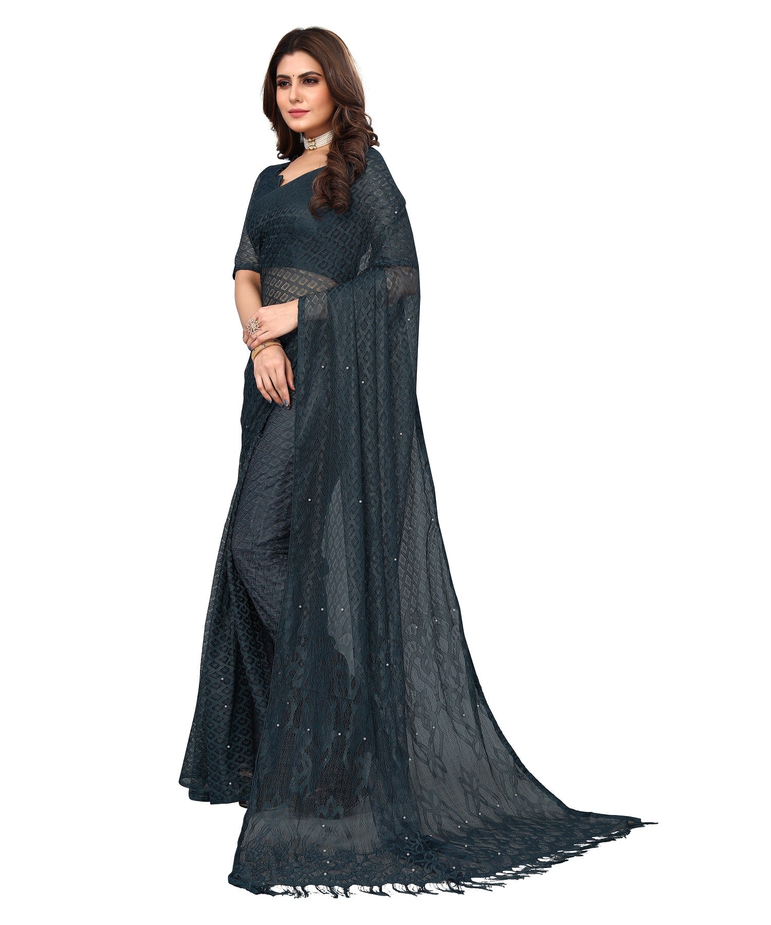 Vamika Net Brasso Rama Green Light Weight Trendy Look Bollywood Style Saree - Distacart