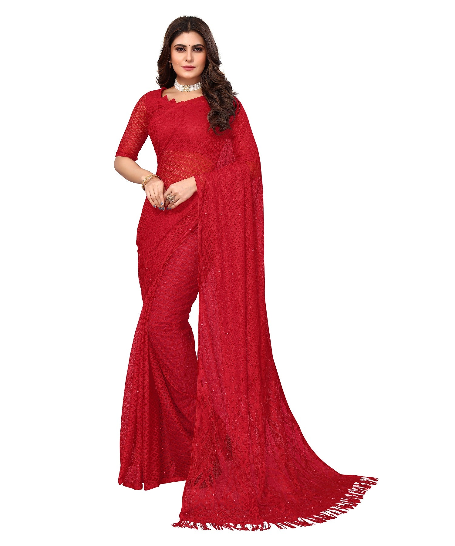 Vamika Net Brasso Red Light Weight Trendy Look Bollywood Style Saree - Distacart
