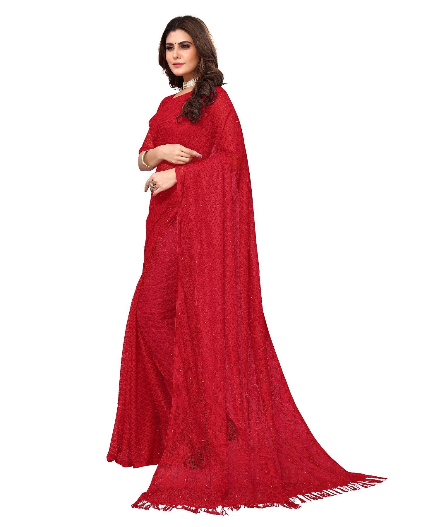 Vamika Net Brasso Red Light Weight Trendy Look Bollywood Style Saree - Distacart