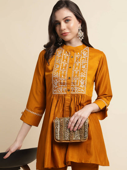 Mustard Chinon Floral Embroidered Top with Bottom - Maanushi - Distacart