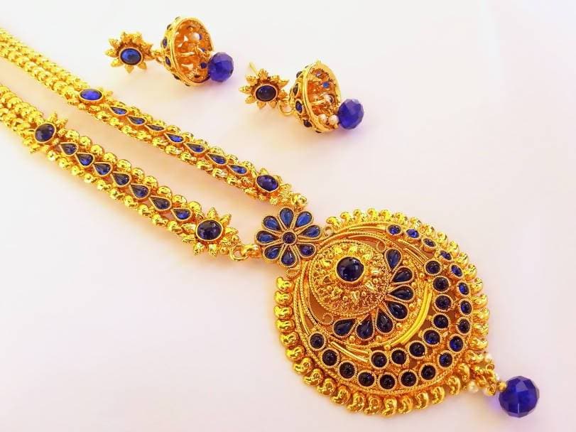 Blue Kemp Long Necklace Set For Parties
